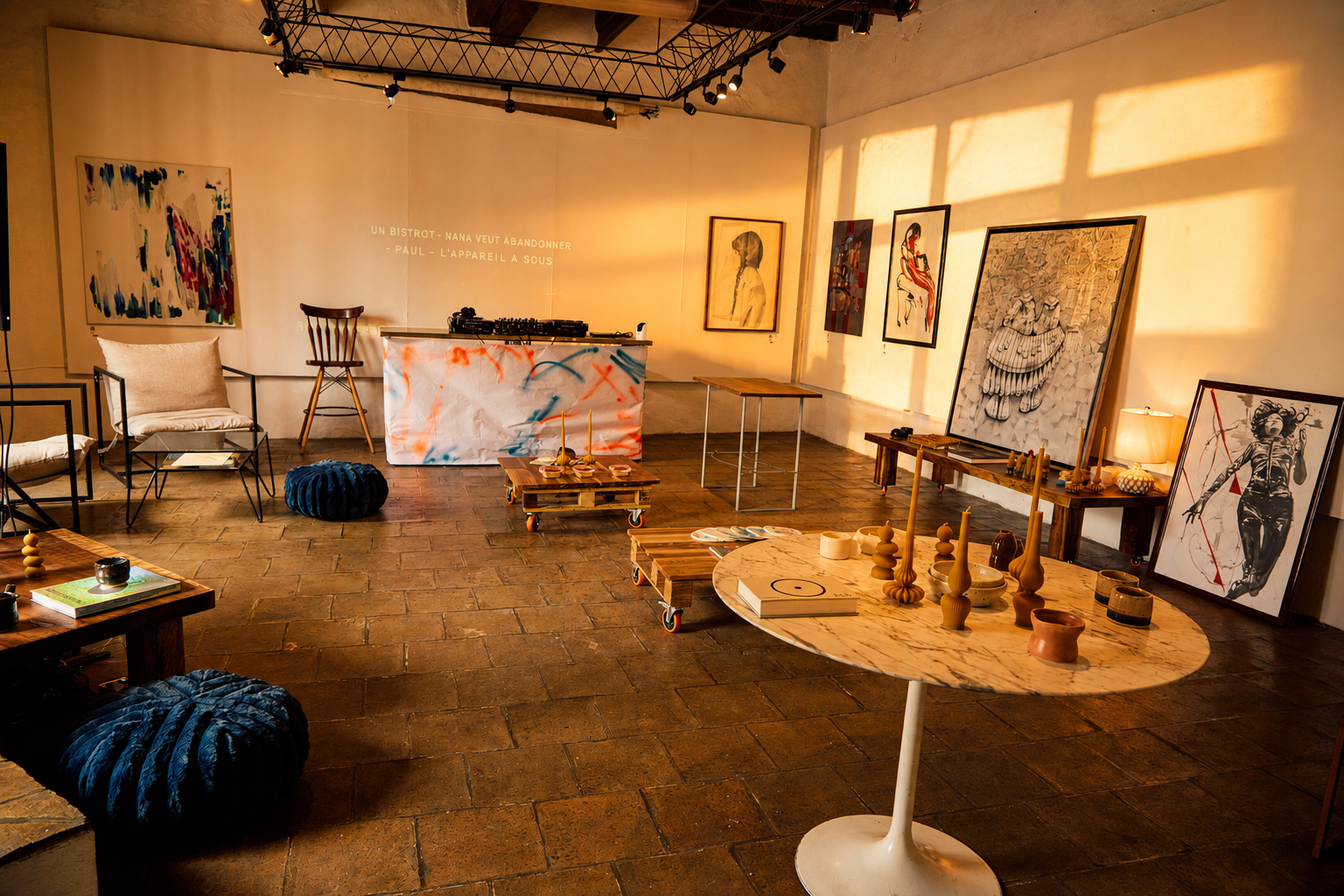 First Expo — gallery interior in warm afternoon light, works hung and leaning against the walls