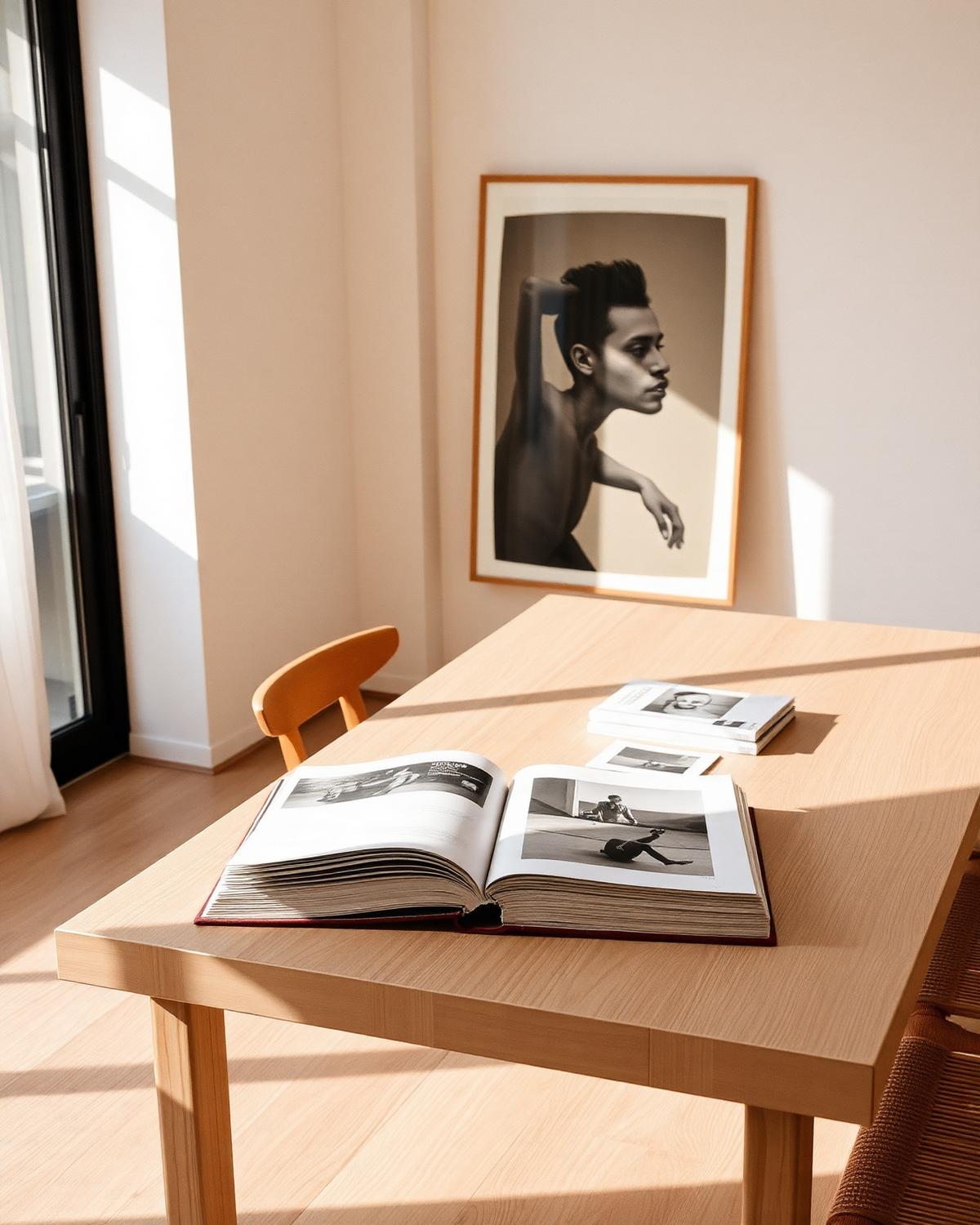 Printed matter on an oak table in morning light